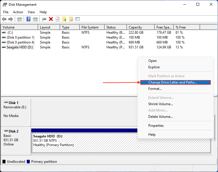 Change letter option in Disk Management's right-click menu