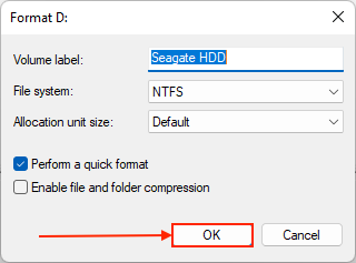 Formatting menu and parameters in Disk Management