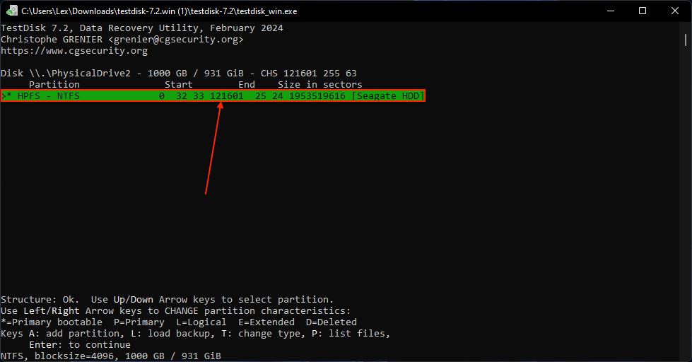 Partition selection menu after TestDisk's analysis