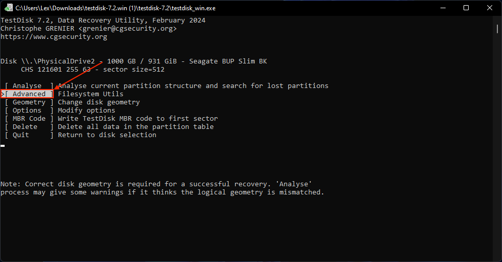 Advanced option in TestDisk's tools selection menu
