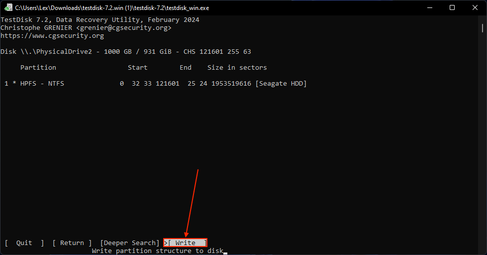 TestDisk Write tool for found partitions