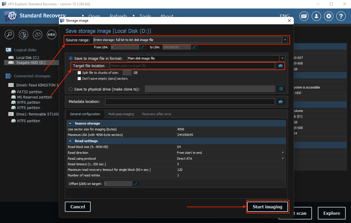 UFS Explorer disk image creation menu