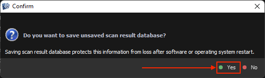 UFS Explorer prompt to save scan database