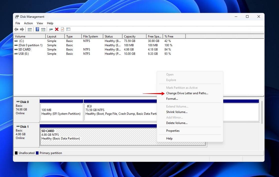 Choosing to add or change a drive letter.