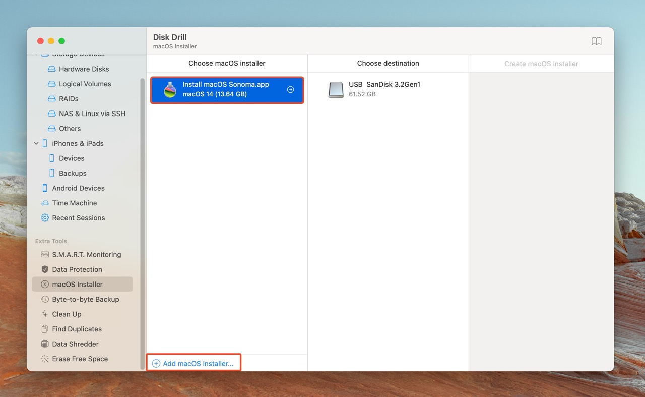 Selecting the macOS Sonoma installer file within Disk Drill, with the option to choose a destination drive next.