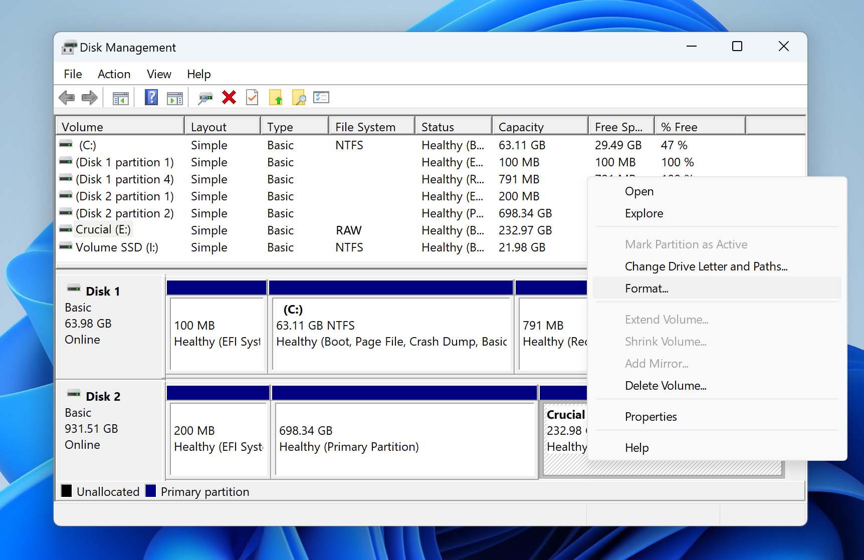 click format option on Crucial ssd