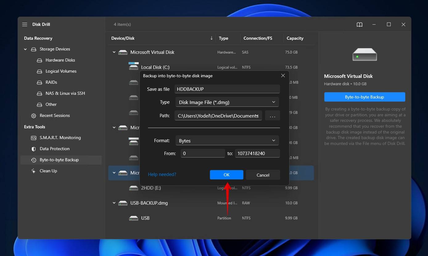 Confirming the byte-to-byte backup settings.