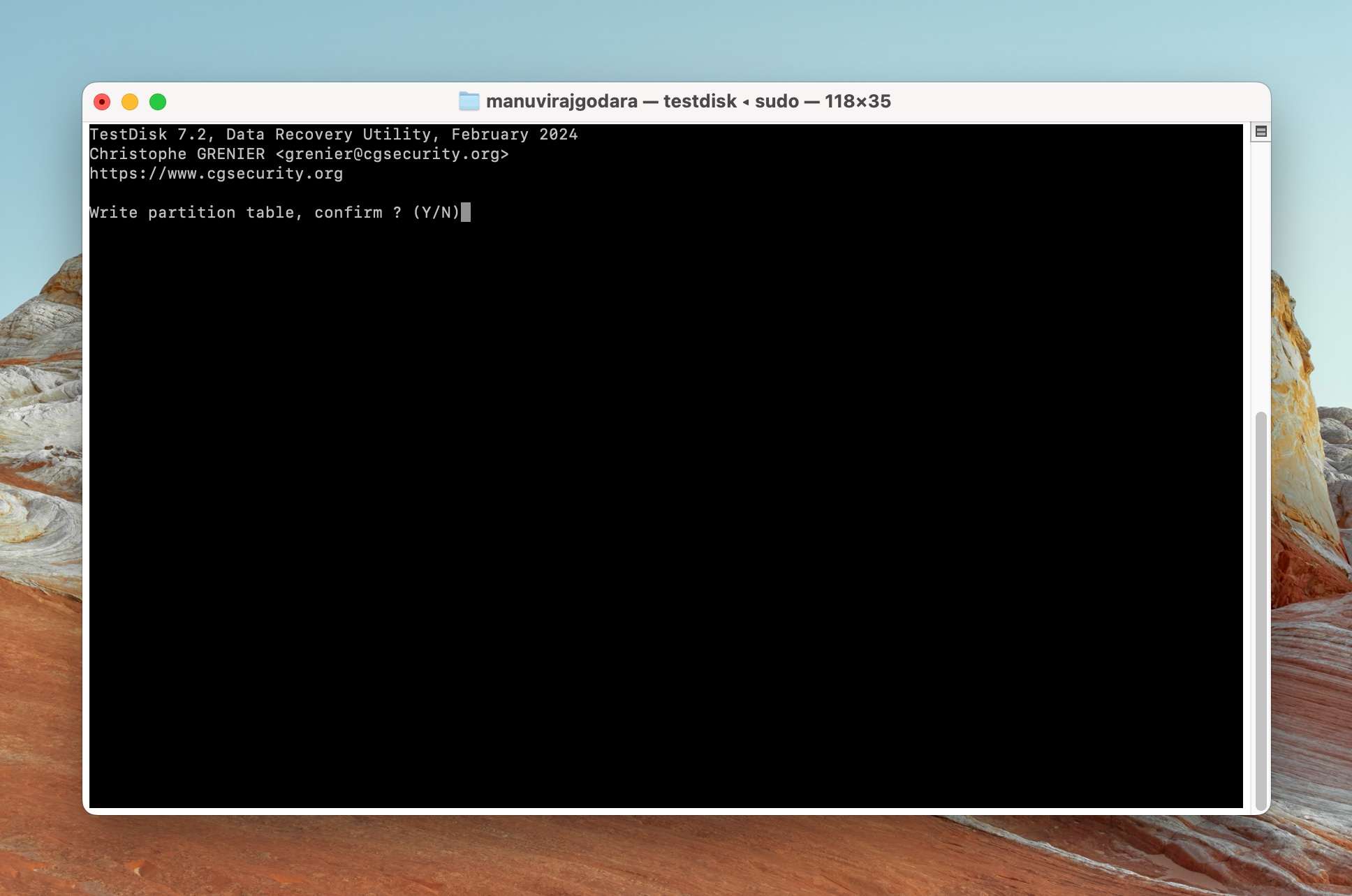 Terminal window displaying TestDisk 7.2, prompting the user to confirm writing the partition table with a 'Yes' or 'No' option.