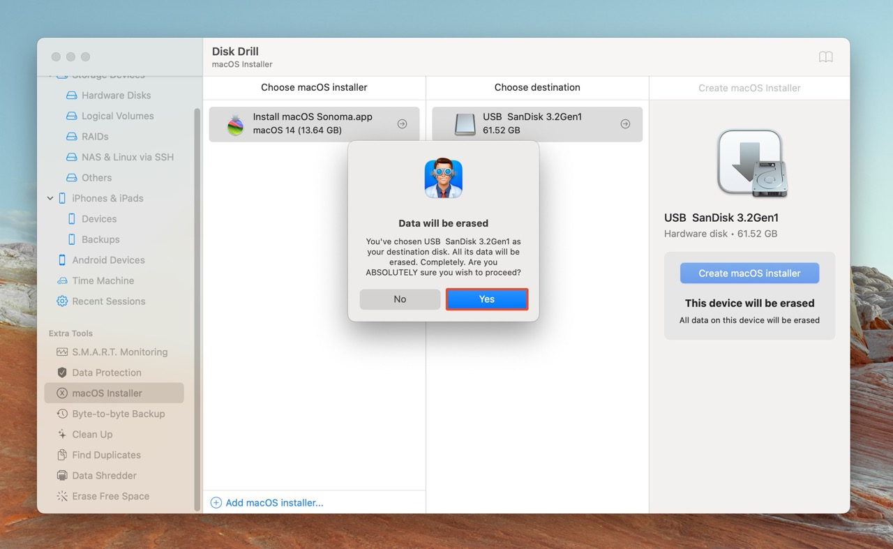 Final confirmation prompt in Disk Drill to create a macOS installer on USB SanDisk 3.2Gen1, warning that all data will be erased.