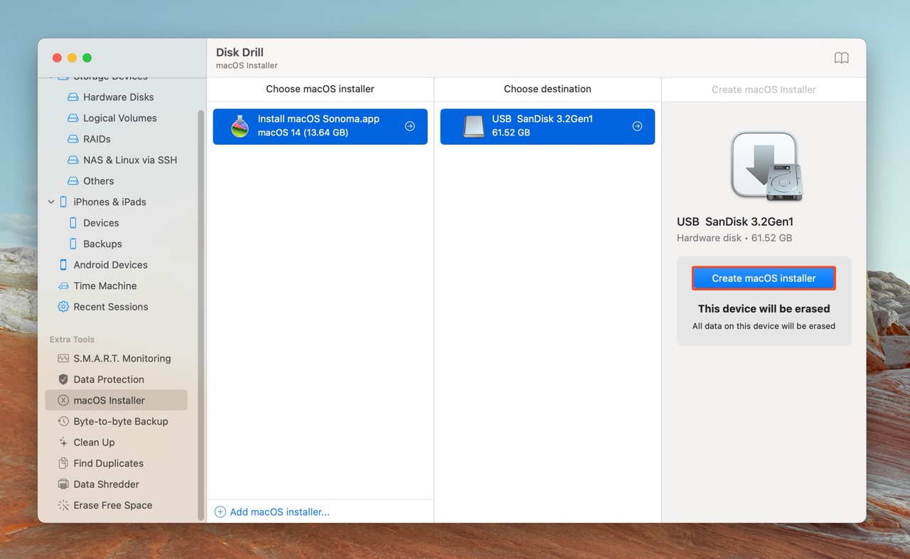 Disk Drill interface with macOS Sonoma installer selected and USB SanDisk 3.2Gen1 chosen as the destination, ready to create the macOS installer.