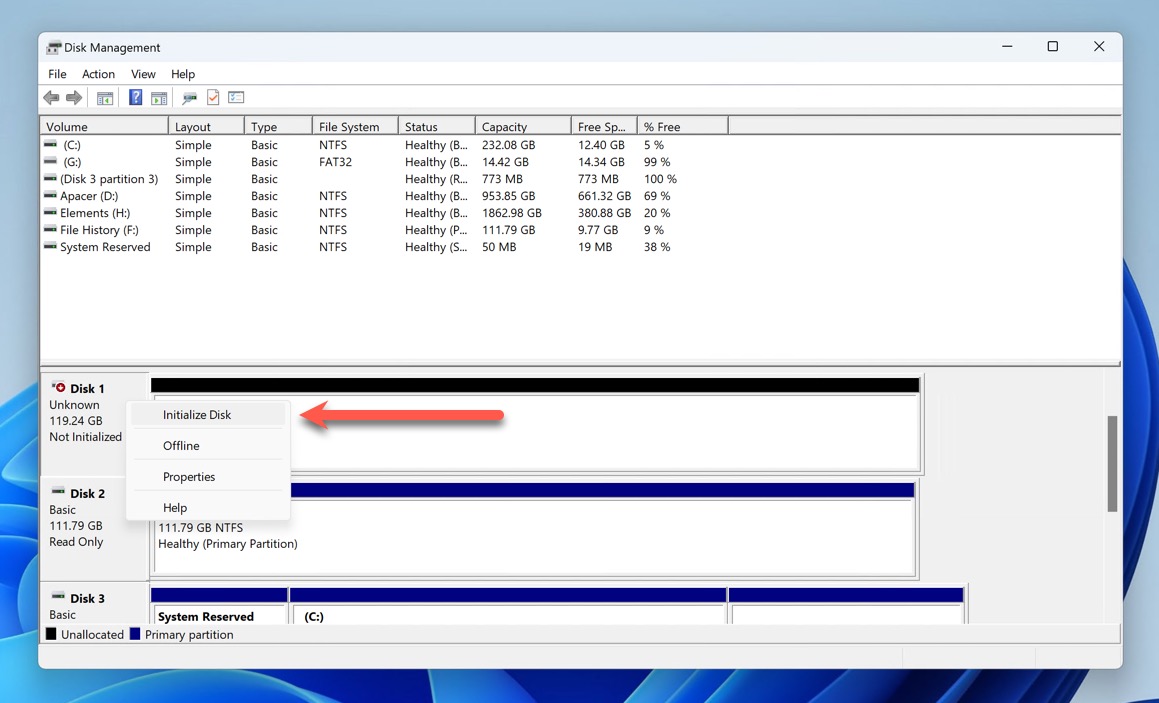 initialize disk option in disk management