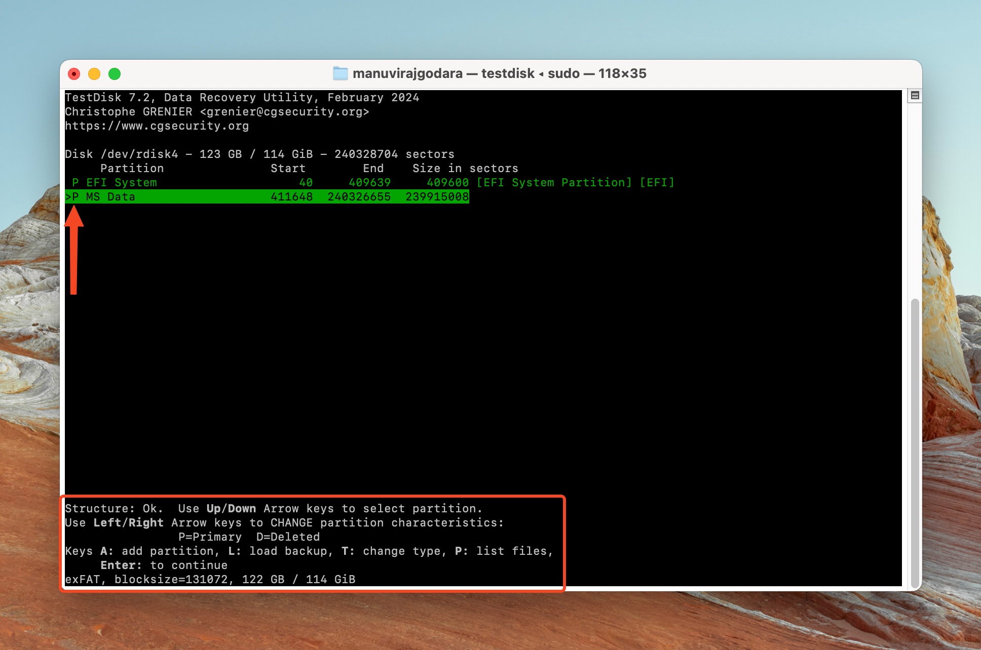 Terminal window showing partition selection in TestDisk, highlighting 'MS Data' partition with navigation instructions. Ensure you select the P prefix.