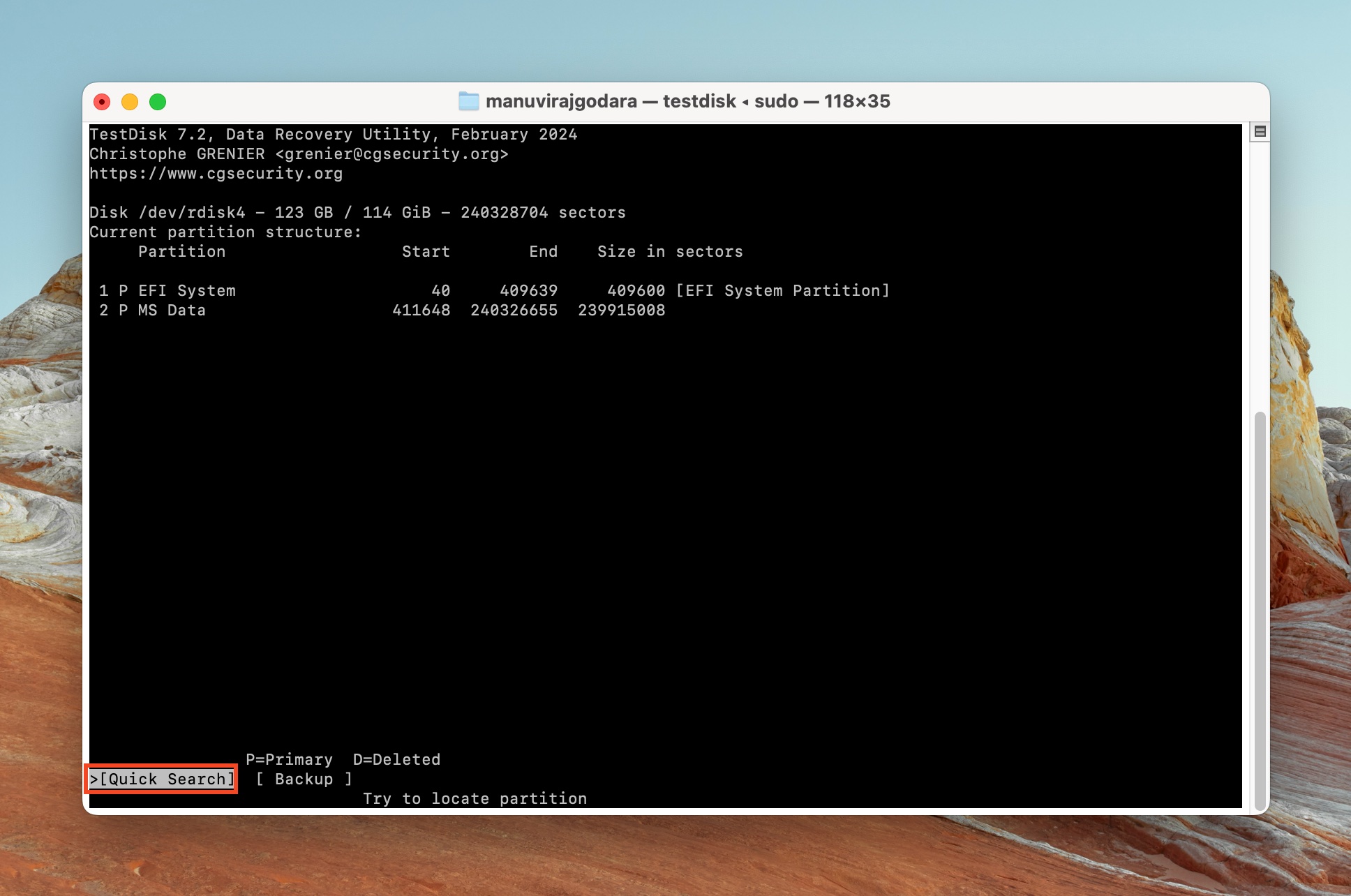 TestDisk screen with partition table options displayed, highlighting 'Quick Search' to locate partitions.