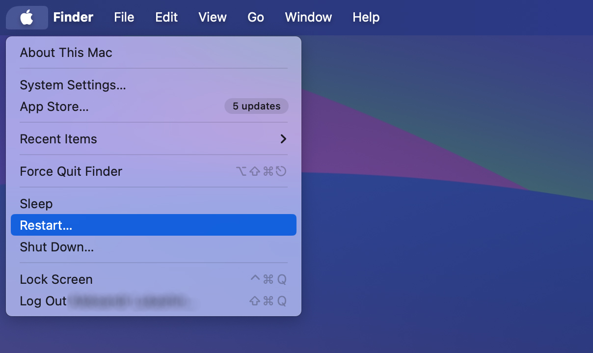 restart macos option selected