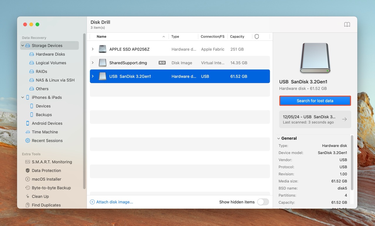 Disk Drill application interface showing a selected USB SanDisk 3.2Gen1 Media in the storage device list with a 'Search for lost data' button highlighted, ready to initiate data recovery.