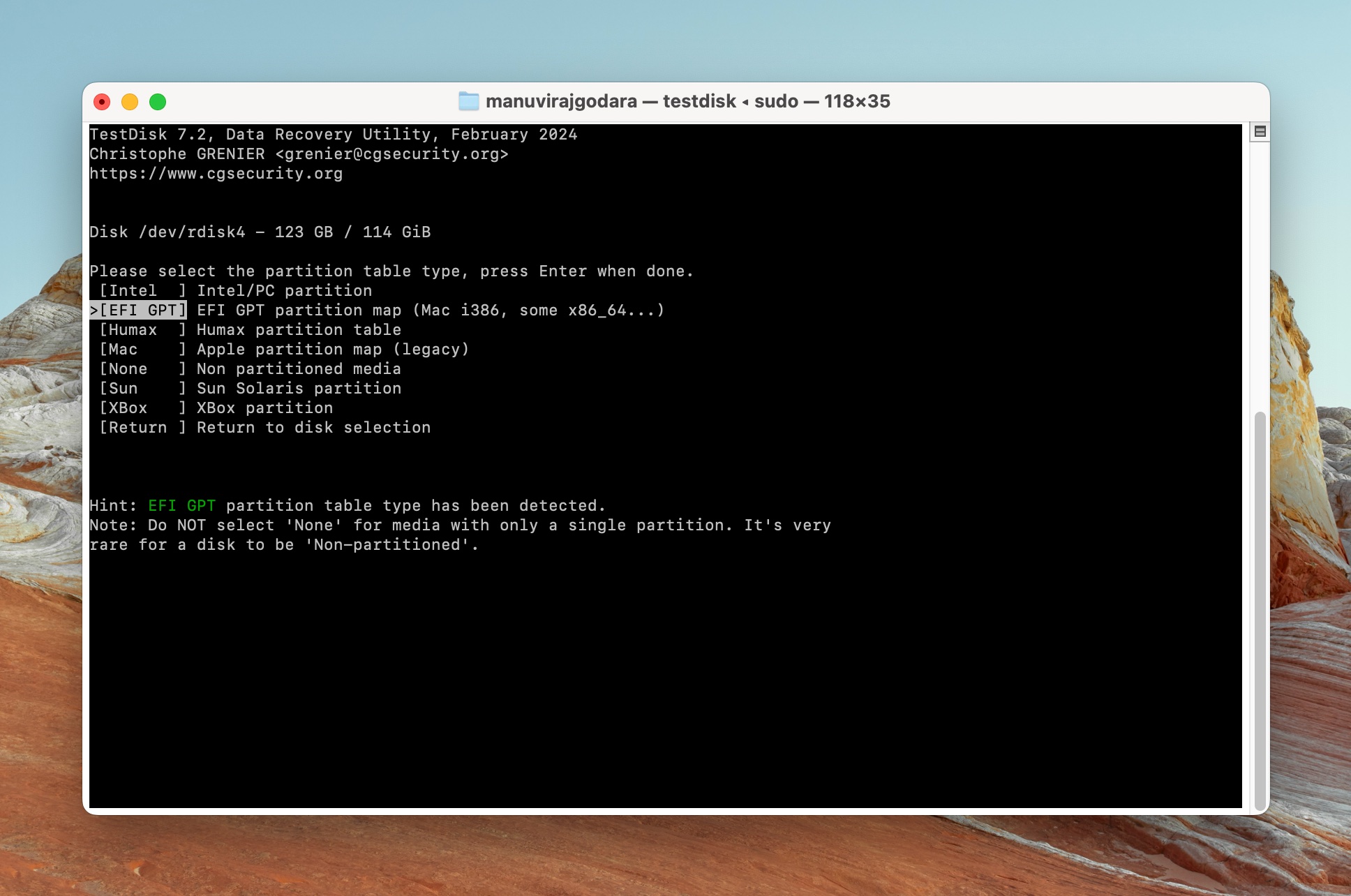 Terminal displaying partition table types in TestDisk with 'EFI GPT' highlighted, and a note on selecting correct partition table type.