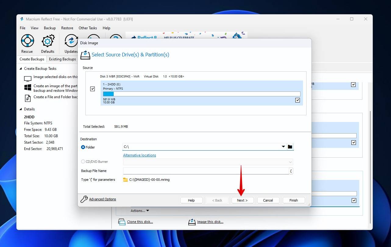 Selecting the source drive.