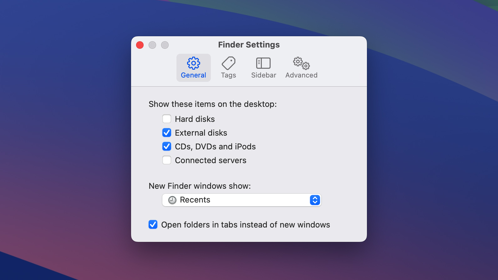 finder external disks option