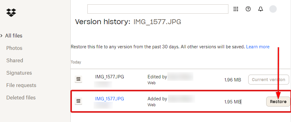 version history restore