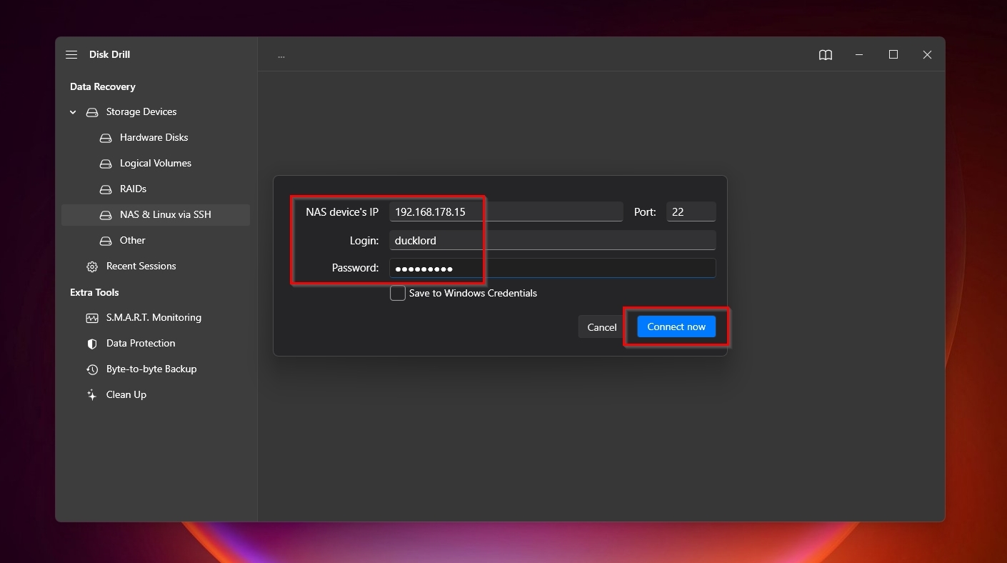 Disk Drill Configuring Network Storage Details