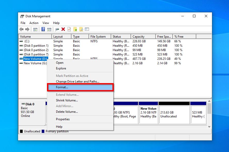 Disk Management tool in Windows with the right-click context menu open on "New Volume (D:)," highlighting the "Format..." option.