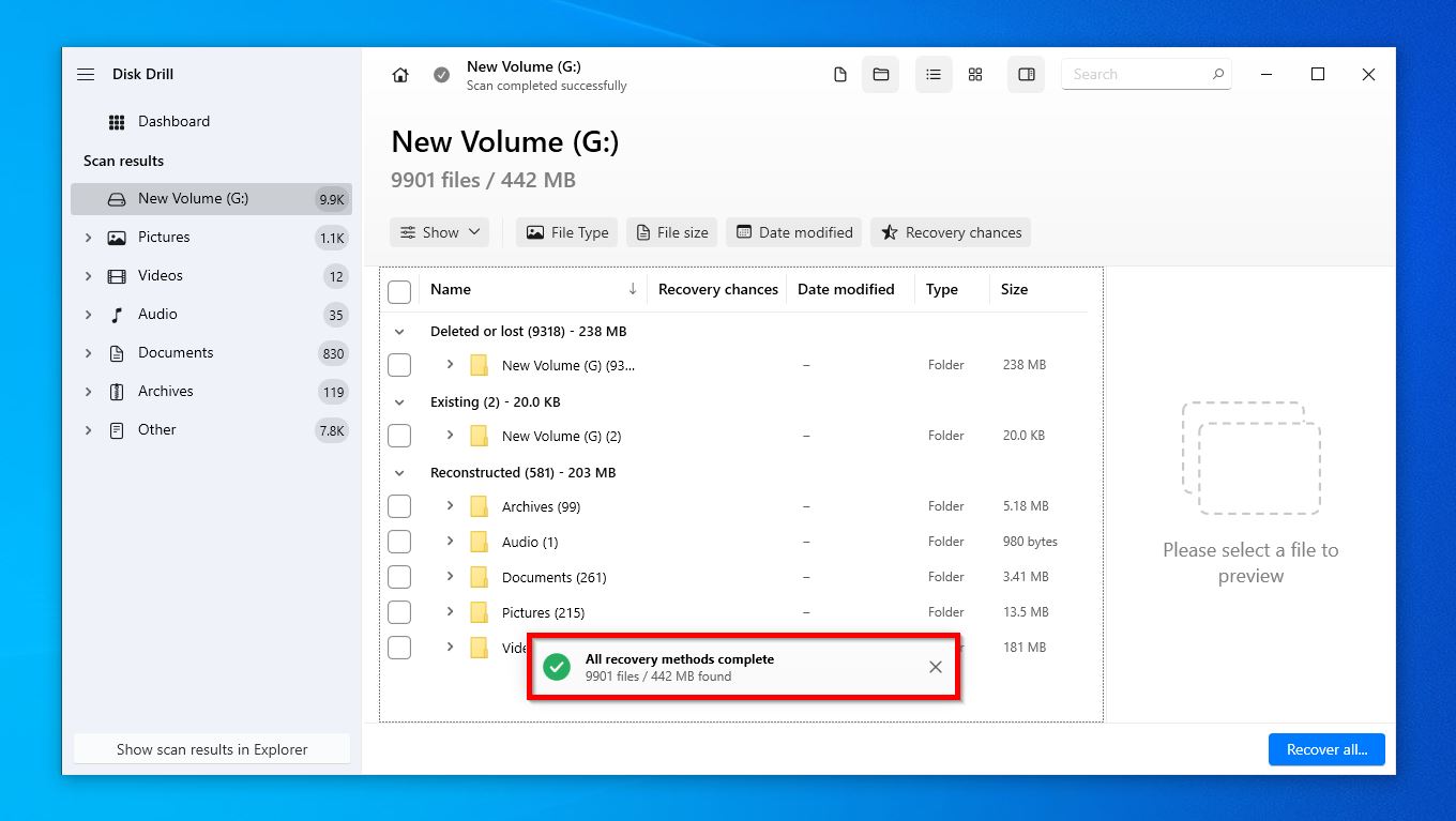 Disk Drill scan results showing 9901 files (442 MB) found on the "New Volume (G:)" partition after a quick format