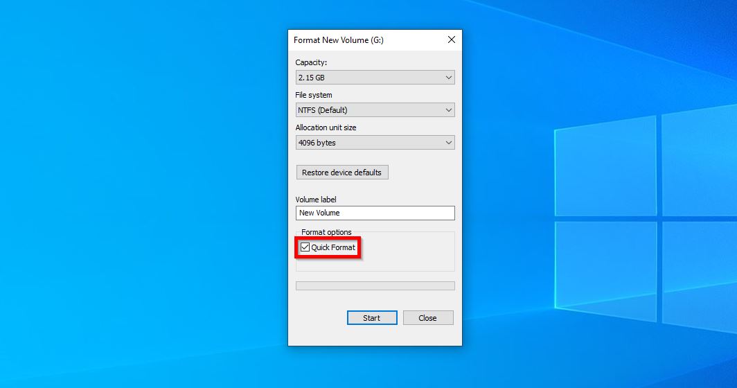  A Windows dialog box titled "Format New Volume (G:)" showing options for formatting a drive. The "Quick Format" checkbox is unchecked.