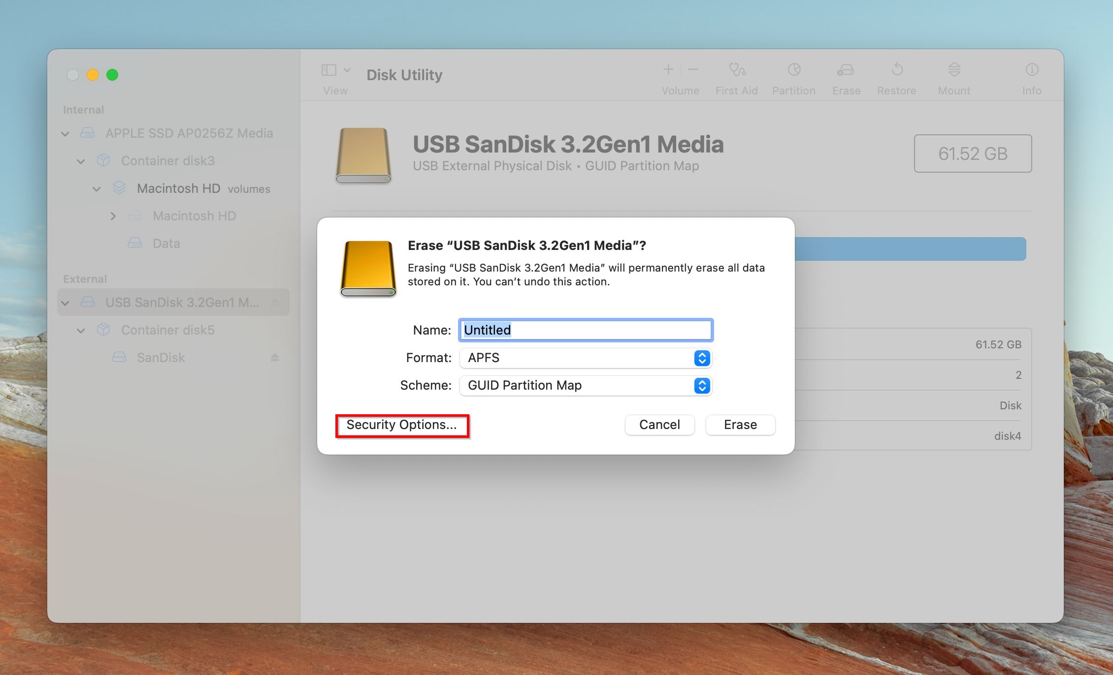 Disk Utility on macOS showing the "Erase USB SanDisk 3.2Gen1 Media" confirmation dialog with the "Security Options..." button highlighted.