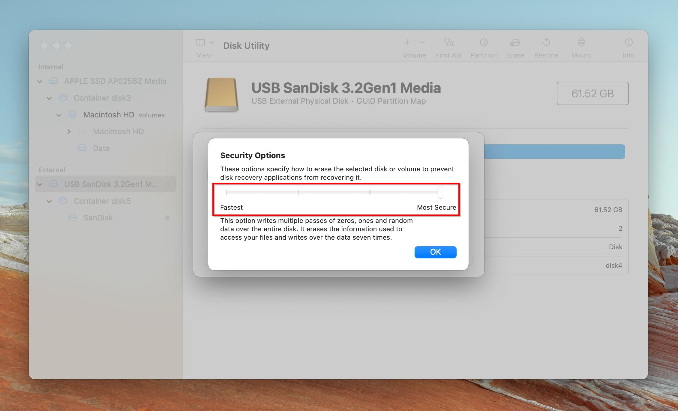 Disk Utility on macOS displaying the "Security Options" dialog with a slider ranging from "Fastest" to "Most Secure" highlighted.