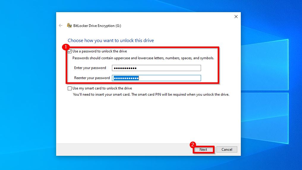 BitLocker Drive Encryption dialog in Windows asking to choose how to unlock the drive, with the "Use a password to unlock the drive" option selected.