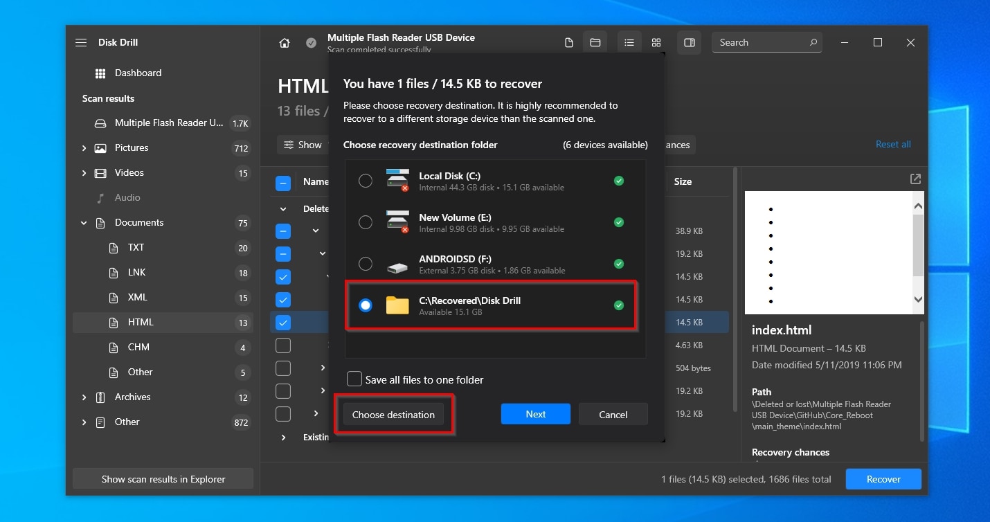 Disk Drill Choosing Recovery Destination Folder