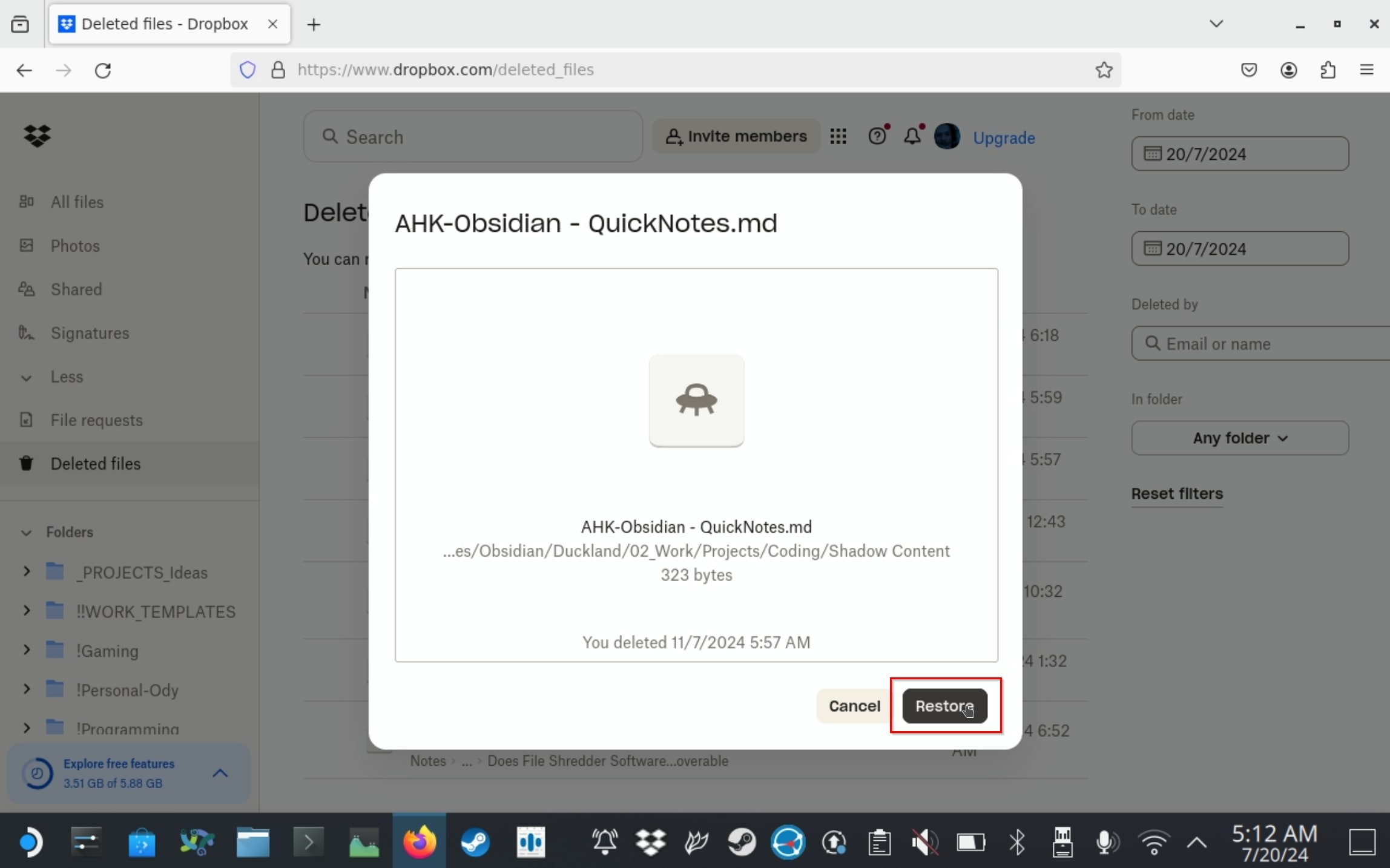 Dropbox Website Restore Deleted File
