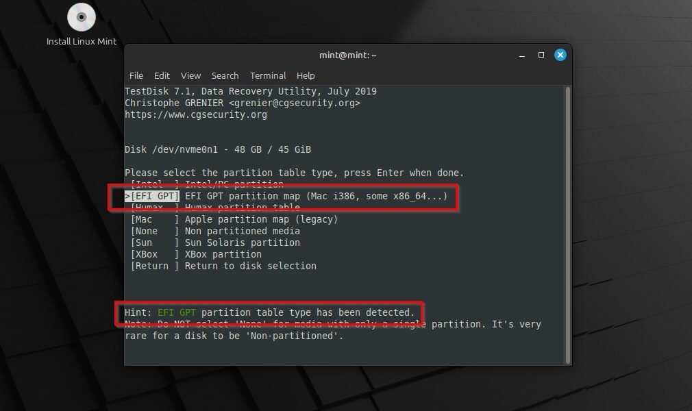 Linux Mint TestDisk Partition Table Type