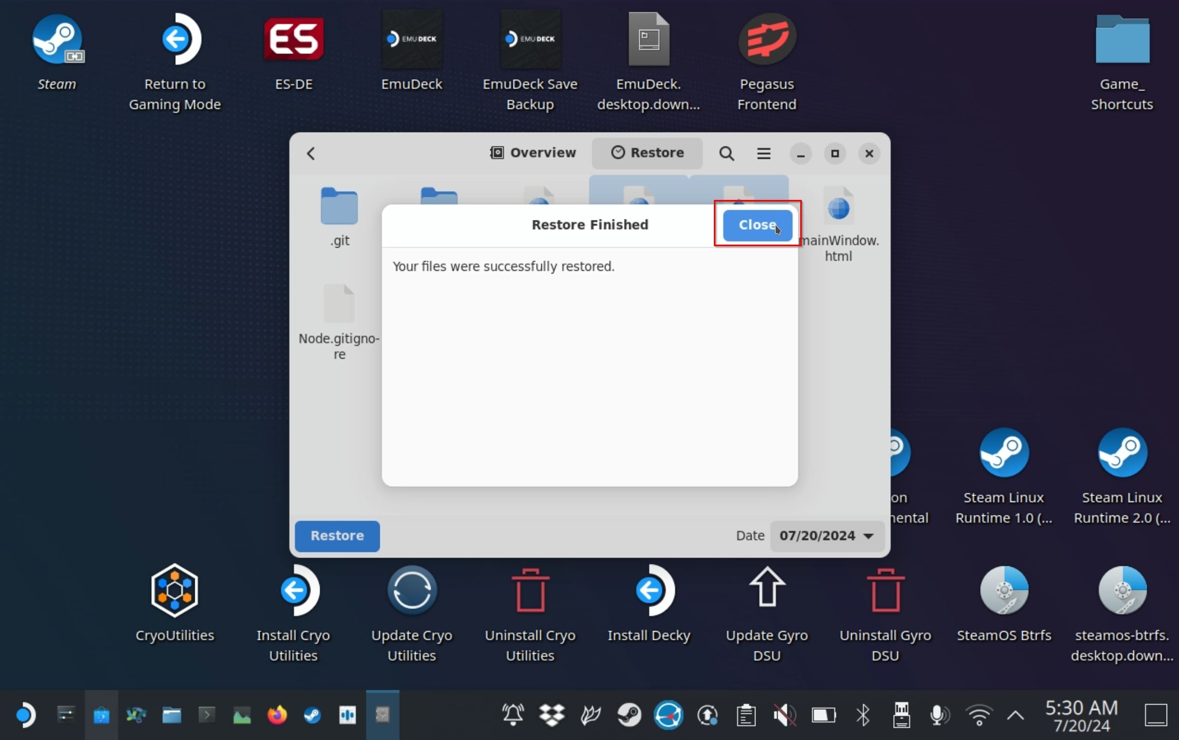 Steam Deck Backups Files Successfully Restored Close
