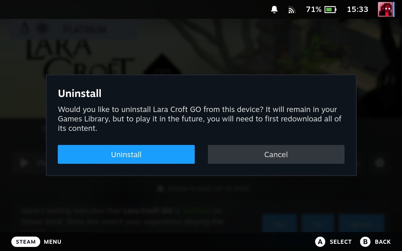 Steam Deck Game Uninstall Confirmation