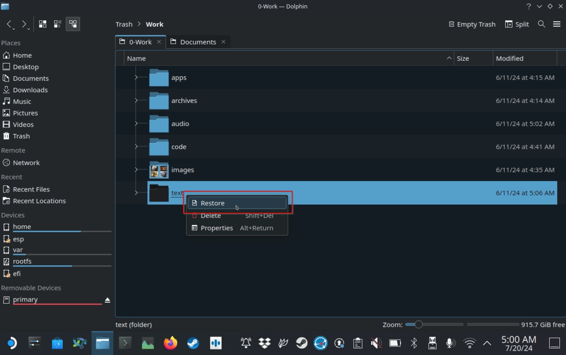 SteamOS Dolphin Trash Restore Option