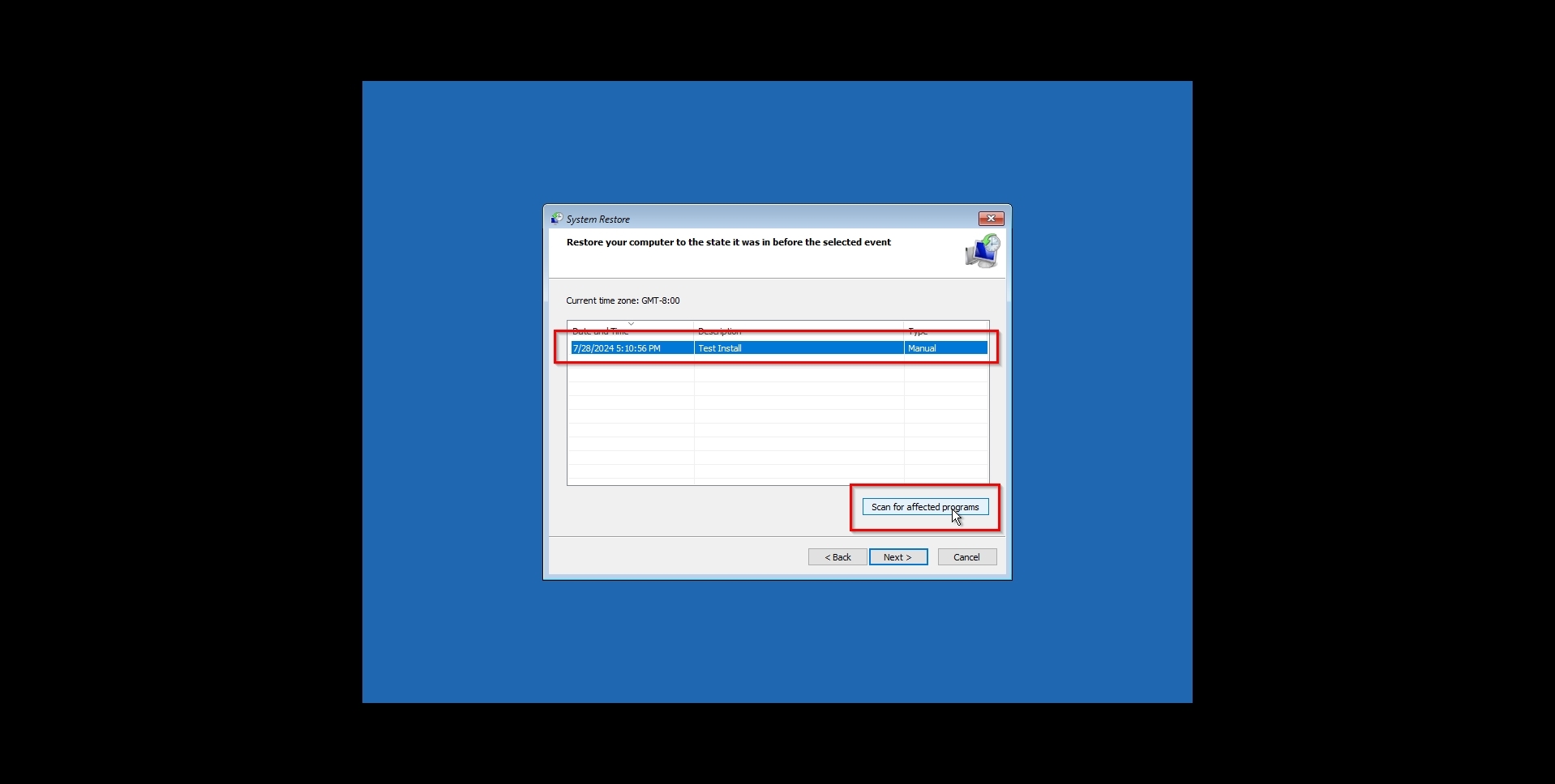 Windows RE System Restore Checkpoints