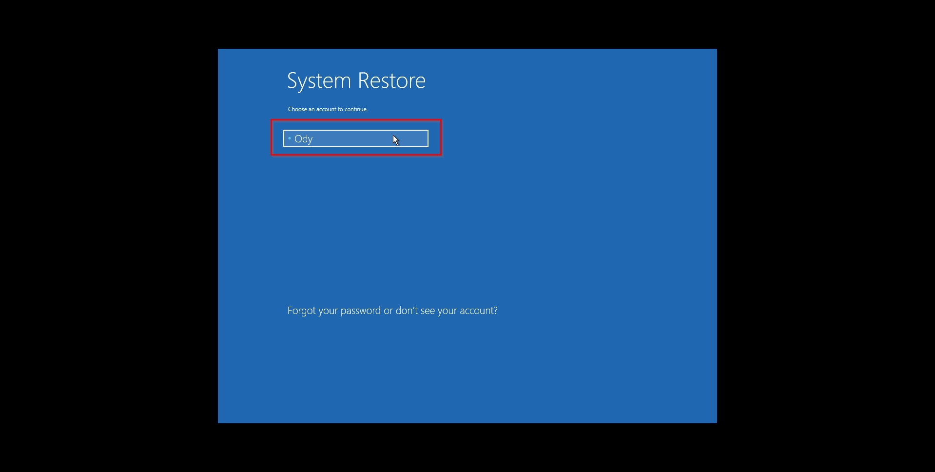 Windows RE System Restore User Account