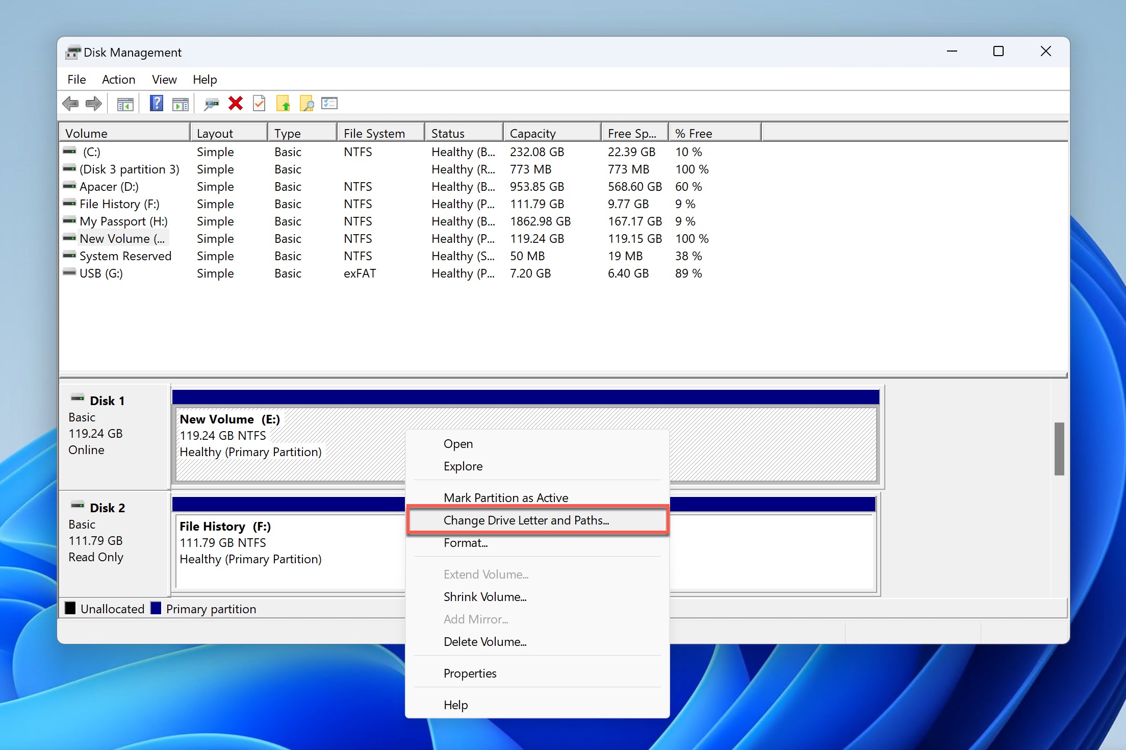 change drive letter and paths disk management