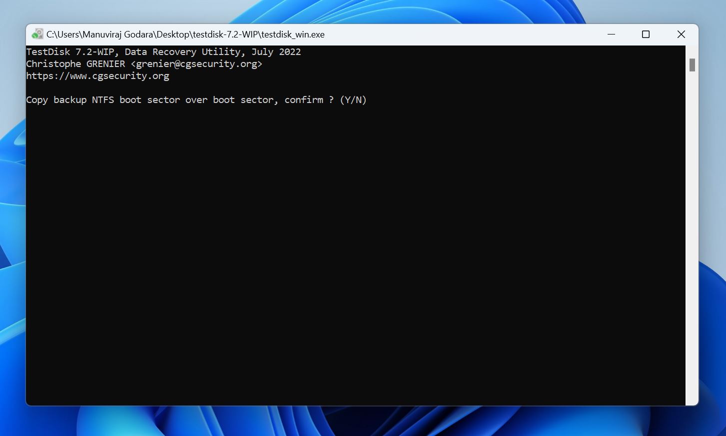 TestDisk command prompt window asking to confirm copying the backup NTFS boot sector