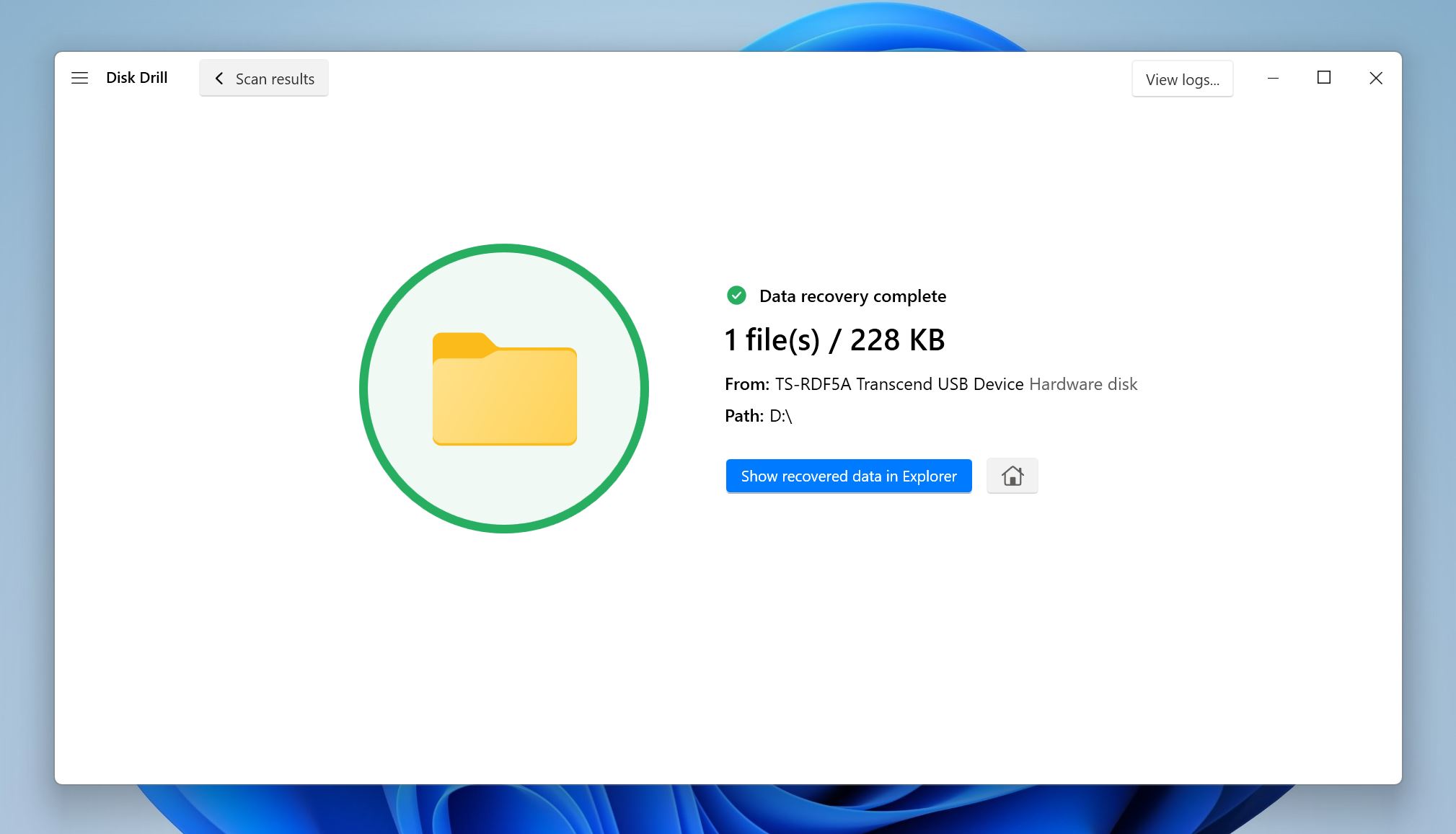 A Disk Drill window displaying a message of successful data recovery from a dead SSD. 