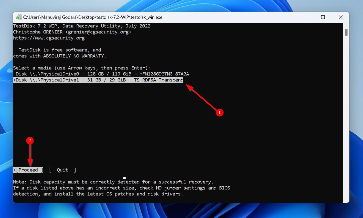 TestDisk window displaying a list of physical drives with dead SSD.