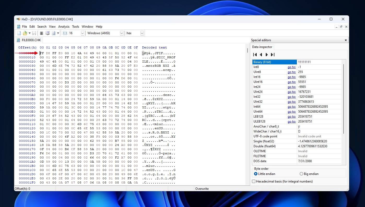 Identifying the file signature.