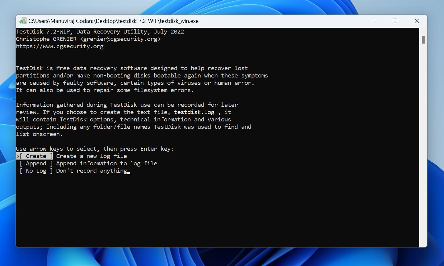 TestDisk window showing an option to create a log file.