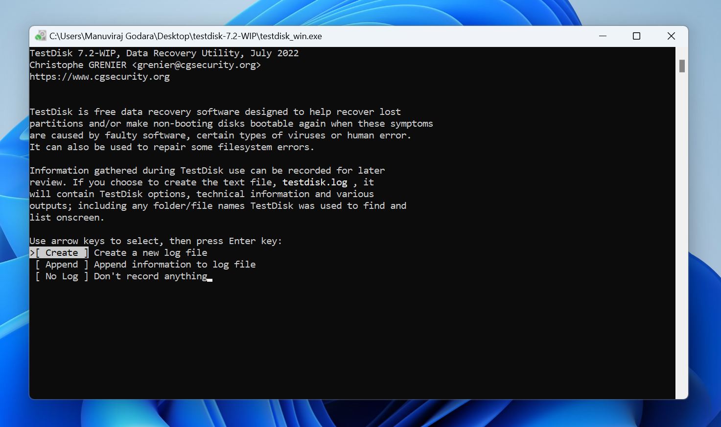 TestDisk interface prompting the user to create a log file