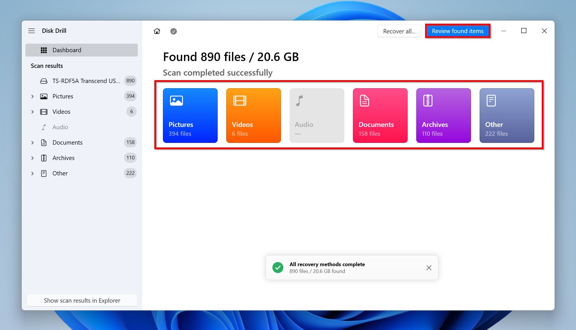 Disk Drill window displaying found files categorized into sections