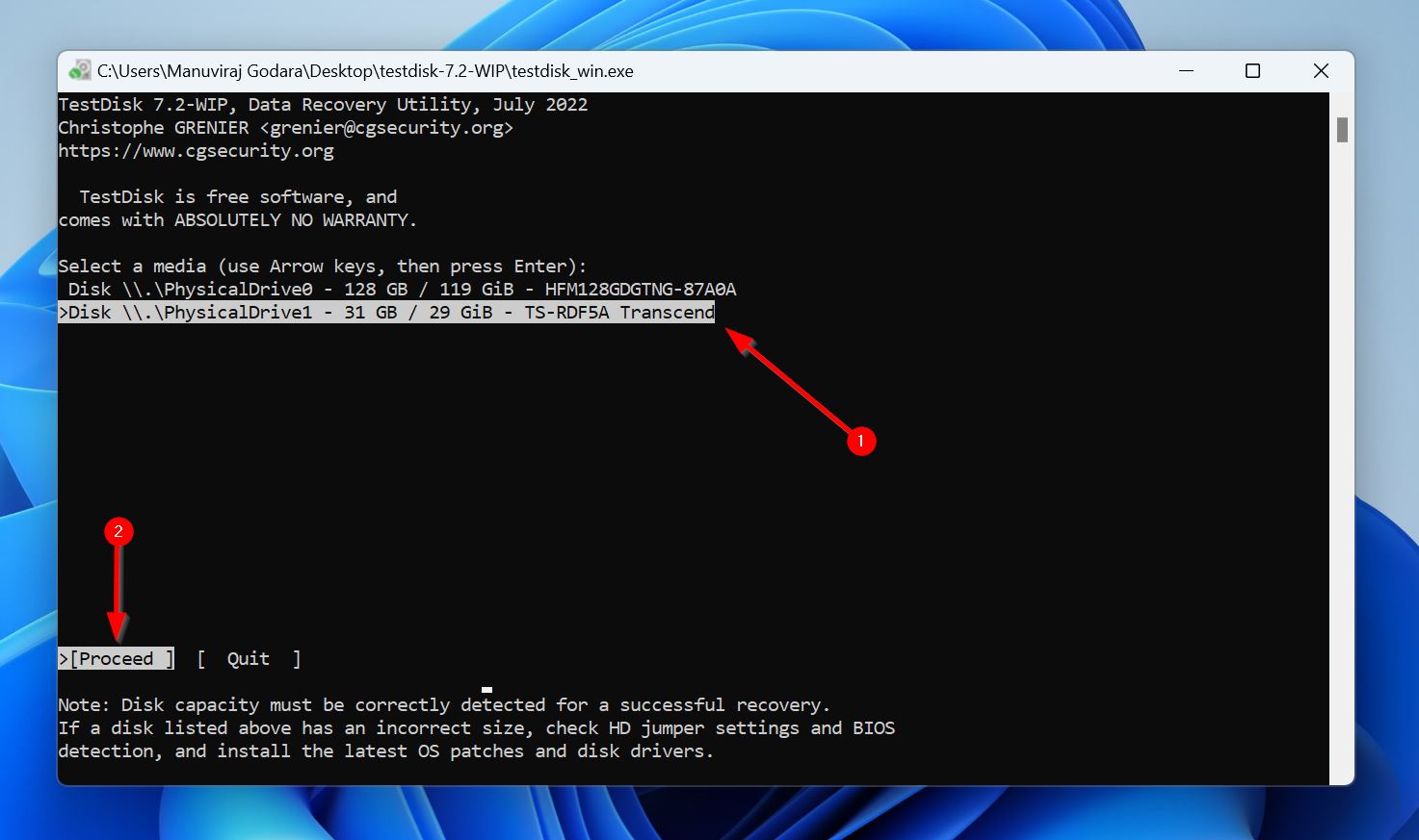 TestDisk interface displaying a list of drives.