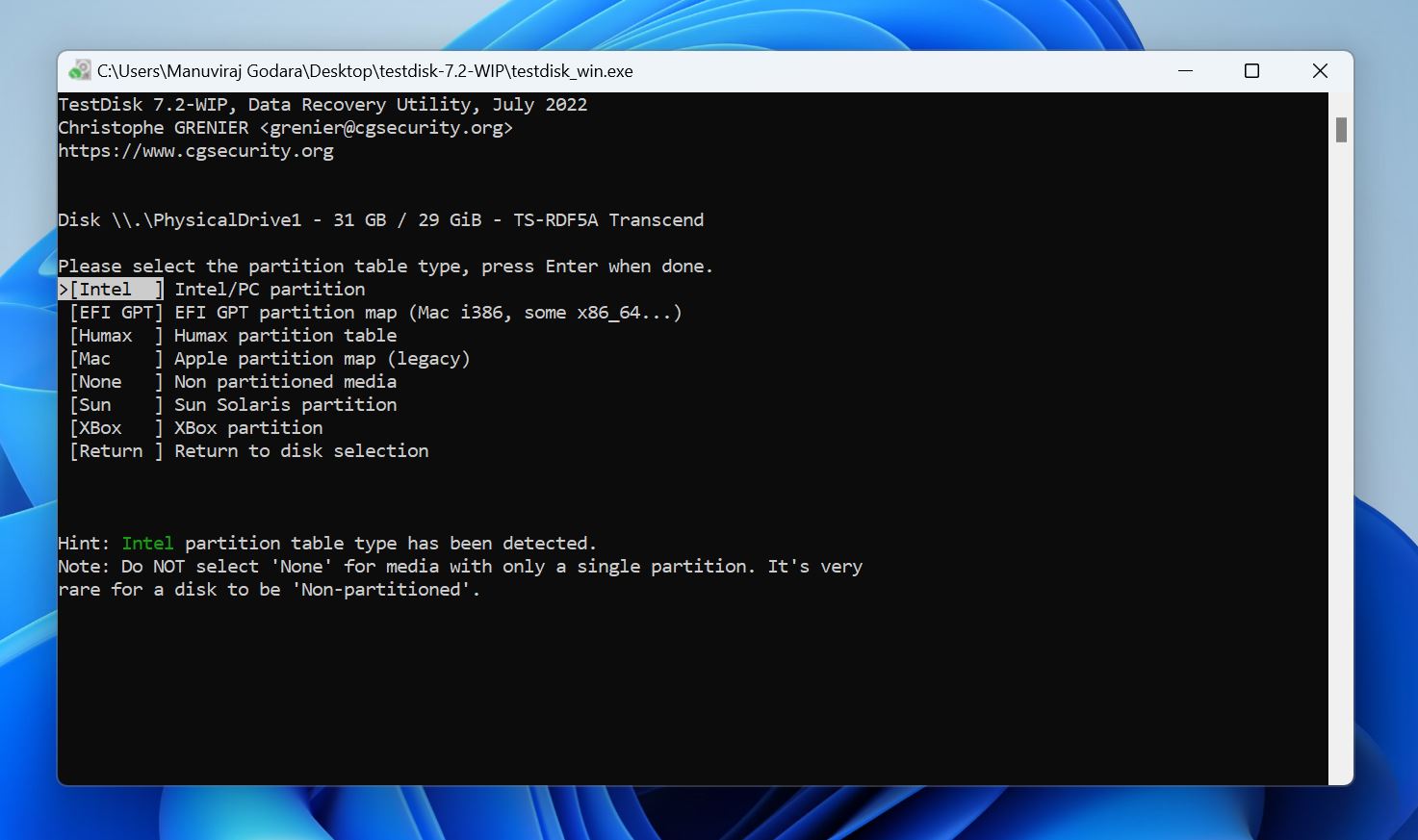 TestDisk interface asking the user to select the partition table type.