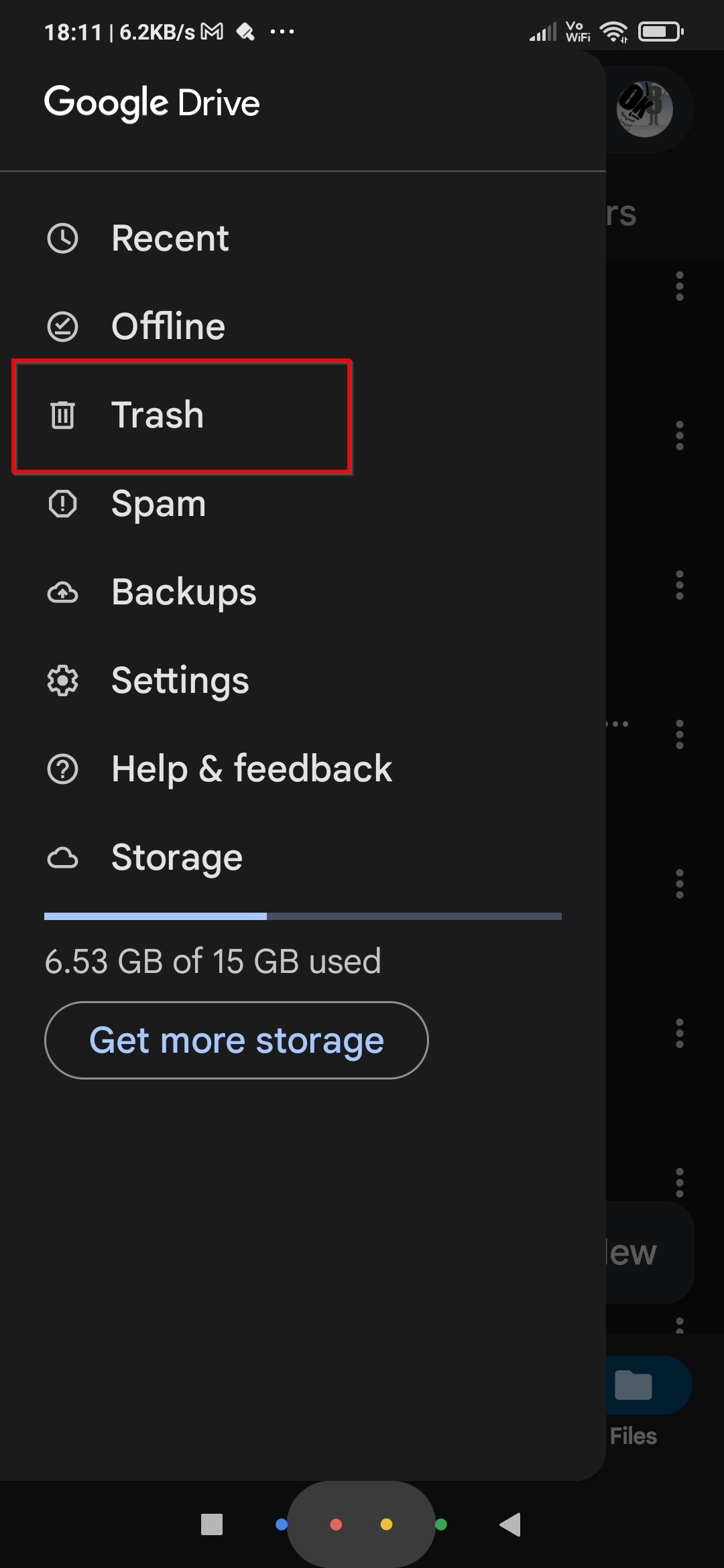 Google Drive Menu Trash Option