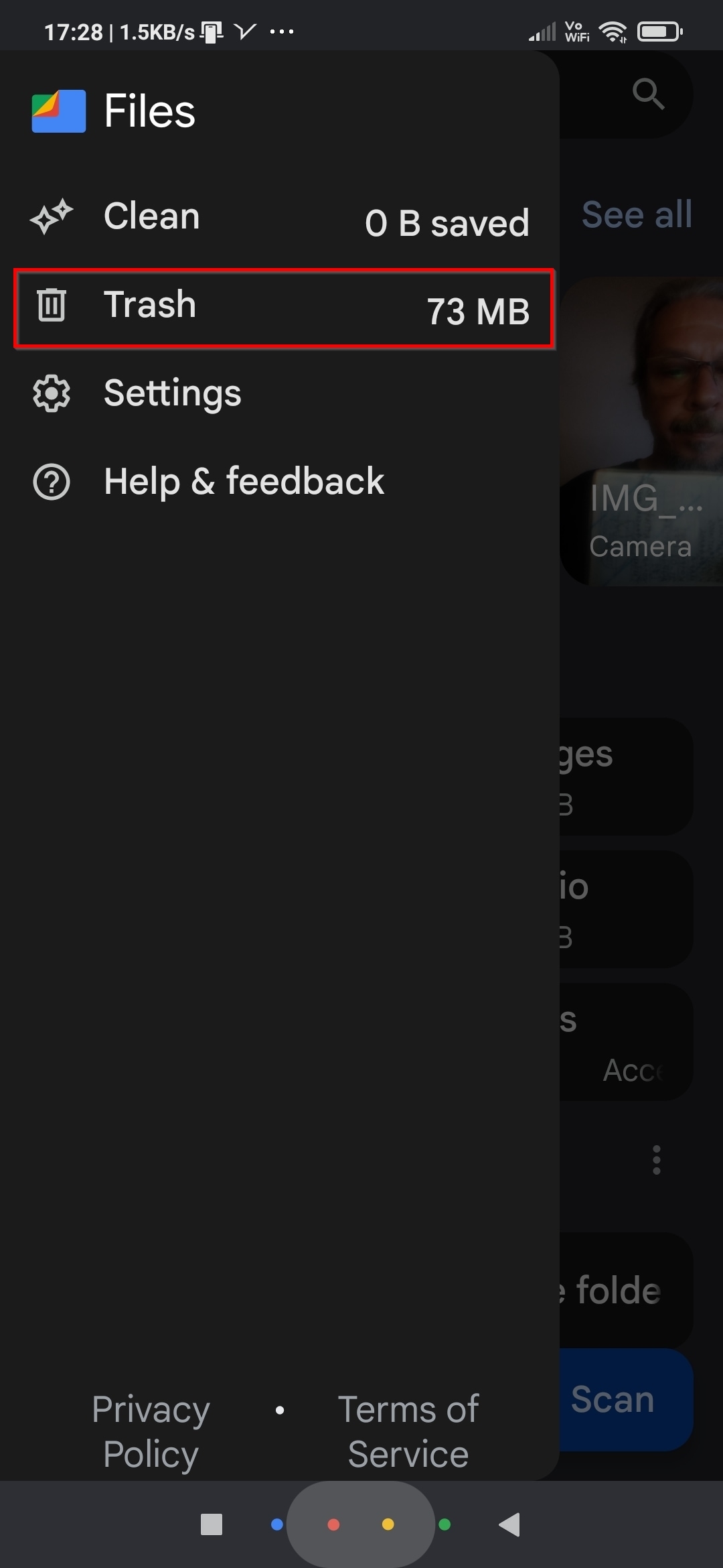 Google Files Menu Trash Option